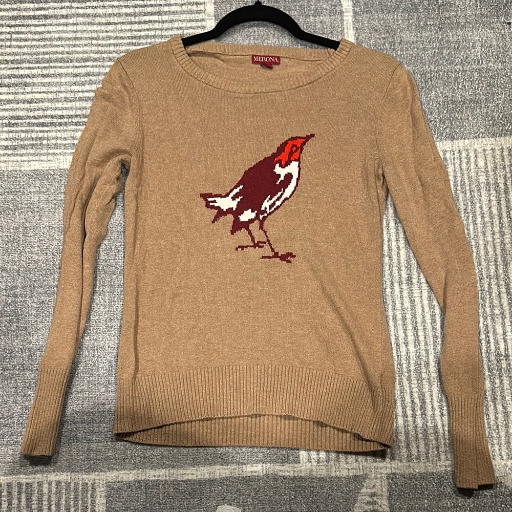 Merona Tan Sweater with Bird Design